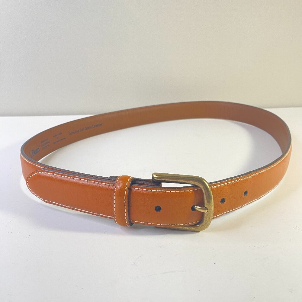 L.L.Bean Men’s Leather Belt 38 Tan Contrast Stitch Brass Buckle